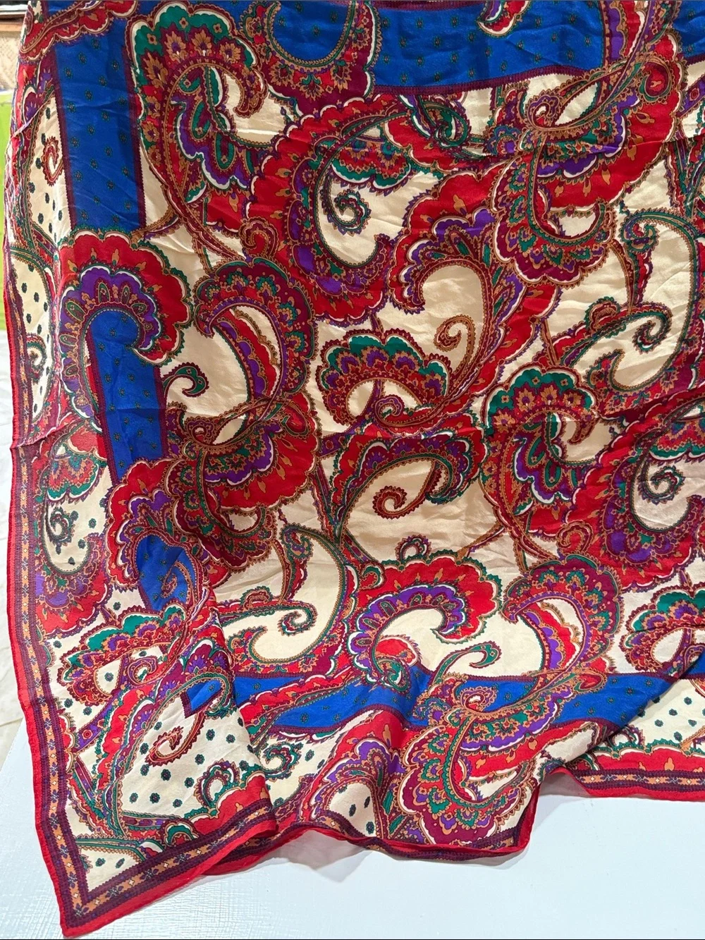 Vintage 1960’s Paisley delicate Silk Scarf in Red, Blue & Cream